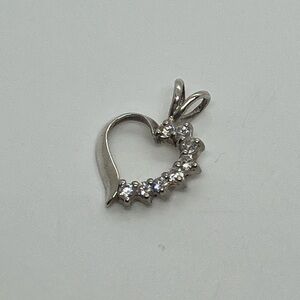 Vtg 925 Sterling Silver Half & Half Cz Curved Heart Necklace Pendant